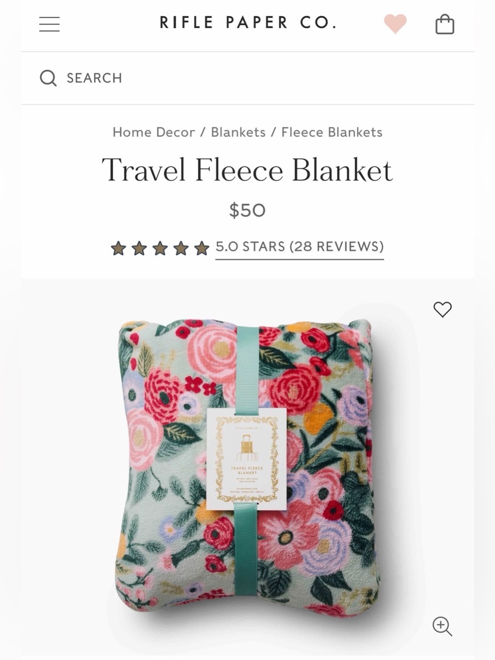 Rifle Paper Co Travel Fleece Blanket - Floral Pink & Green “Garden Party” 45x60”